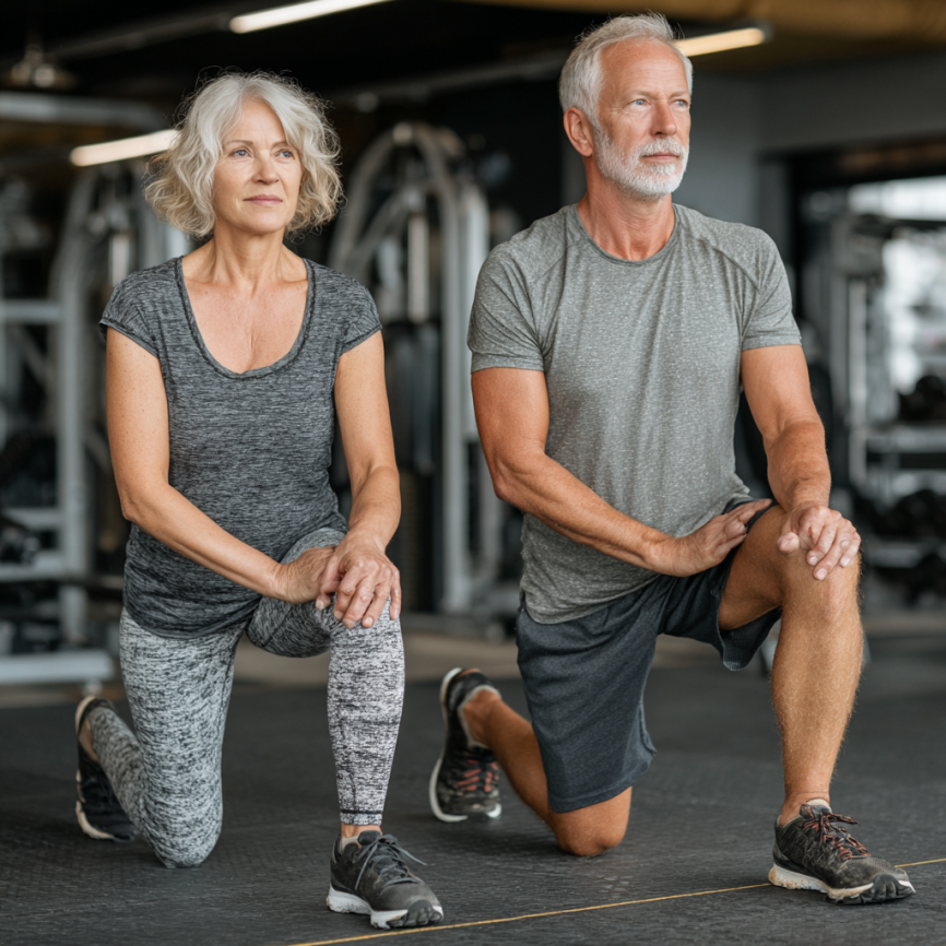 Възрастни хора правят упражнения